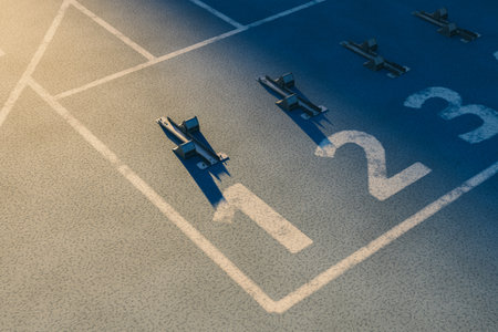 Sunlight running track start blocks numbers 1 2 3 new year goal. 3d renderingの写真素材