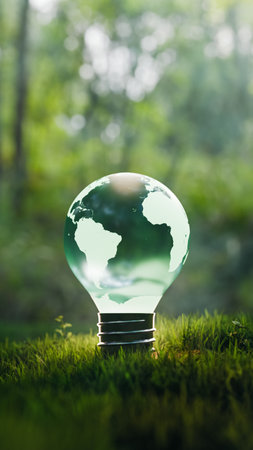 Sustainable earth globe light bulb on grass nature copy space. 3d renderingの写真素材