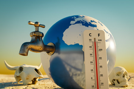 Global warming thermometer on earth globe with dry faucet. 3D RENDERINGの写真素材
