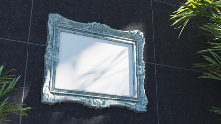 Vintage Frame Mockup On Dark Tiled Wall Palm Leaves Sunlight Shadow. 3d renderの写真素材