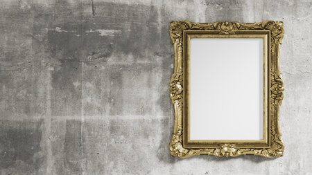 Vintage Gold Frame Mockup On Concrete Wall Copy Space. 3d renderingの写真素材