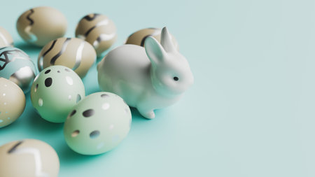 White Easter Bunny And Eggs On Mint Background Copy Space.3d rendering