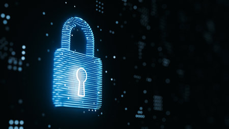 Abstract Digital Padlock Blue Glowing Data Points Security Copy Space. 3d renderingの写真素材