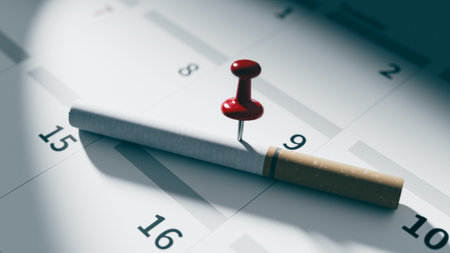 Cigarette Pinned With Red Pushpin On Calendar Quit smoke Concept. 3d renderingの写真素材