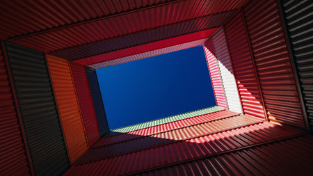 Colorful Shipping Containers Looking Up Sky View Frame Logistics Copy Space. 3d renderingの写真素材