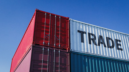 Shipping Containers Stack with Trade Text.3d renderingの写真素材