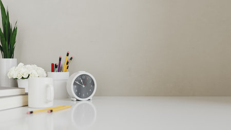 Bright minimalist workspace with books and white clock copy space. 3d renderingの写真素材