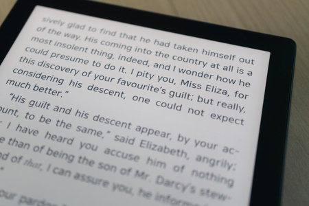 Digital e-book reader screen with classic literature text copy spaceの写真素材