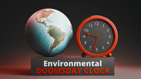 Environmental doomsday clock with earth globe. 3d renderingの写真素材