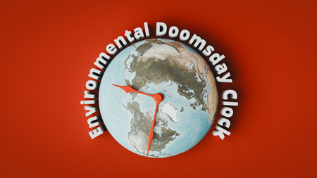 Earth globe as environmental doomsday clock on red background. 3d renderingの写真素材