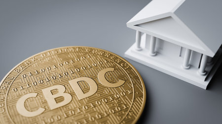 CBDC gold coin and white bank building model. 3d renderingの写真素材