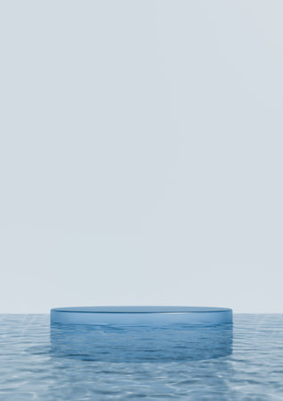 Blue glass podium in calm water Copy space. 3d renderingの写真素材
