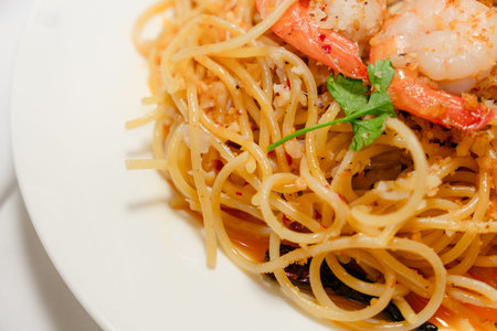 Shrimp aglio e olio spaghetti edge view. Copy spaceの写真素材