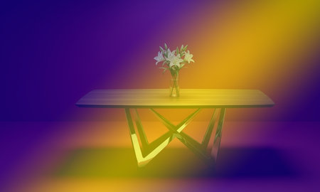 Wooden table with flowers on a purple background. 3d renderingの素材