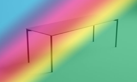 3d rendering of a table in front of a rainbow background.の素材
