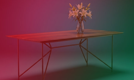 Wooden table with flowers in vase. 3D rendering.の素材