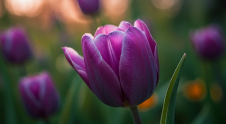 Purple tulips in the garden at sunset. Beautiful spring flowers.の素材