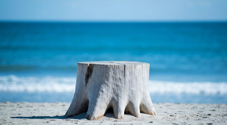 Wooden stump on the beach with blue sea and sky background.の素材