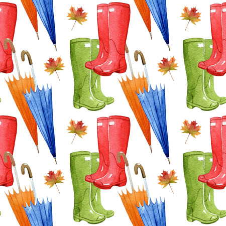 watercolor seamless pattern with autumn elements. Umbrella, leaf, rubber bootsの写真素材