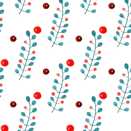 Christmas ornaments with the branches and holly berries. watercolor seamless pattern.の写真素材