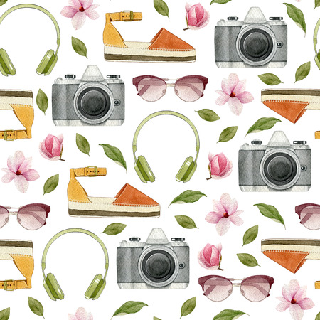 Watercolor fashion illustration. Set of trendy accessories: headphones,photo camera,sunglasses,espadrilles and magnolia flowers. Hand drawn spring collection.の写真素材