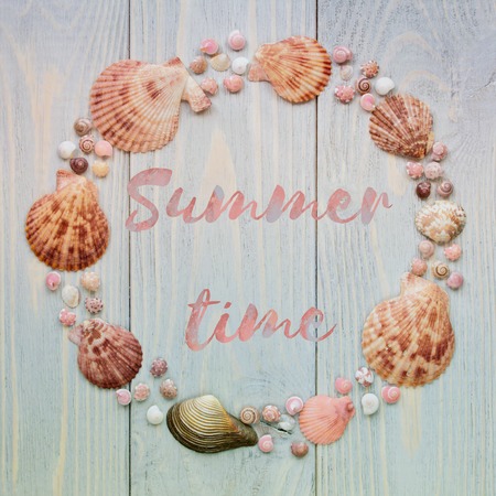 Summer time background with seashells and lettering on wooden planks.