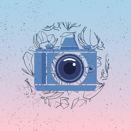 Photo camera vector icon with magnolia flowers on gradient background. Grunge photographer logo.のイラスト素材