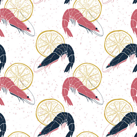 Hand drawn vector seamless pattern with shrimp and lemon slices isolated on white background with bubbles. Illustration for menu design, restaurants, cafes.のイラスト素材