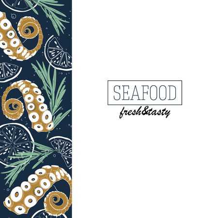 Seafood template design with octopus tentacles, lemon slices and rosemary. Hand drawn vector illustration.のイラスト素材
