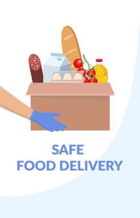 Safe delivery concept. Human hand in gloves holding box with products. Stay home and order food by courier service delivery. Vector illustartion for web, banners, flyer.のイラスト素材
