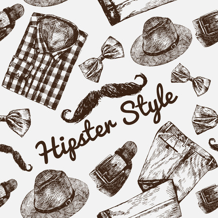 Hipster Style Set. Hipster accessories in retro sepia style on white background. Seamless pattern.のイラスト素材