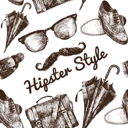 Hipster Style Set. Hipster accessories in retro sepia style on white background. Seamless pattern.のイラスト素材