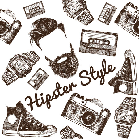 Hipster Style Set. Hipster accessories in retro sepia style on white background. Seamless pattern.のイラスト素材