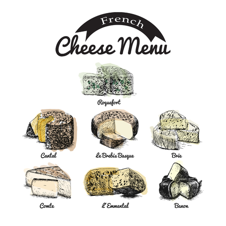 illustrated Set # 2 of French Cheese Menu. Illustrative sorts of cheese from France.のイラスト素材
