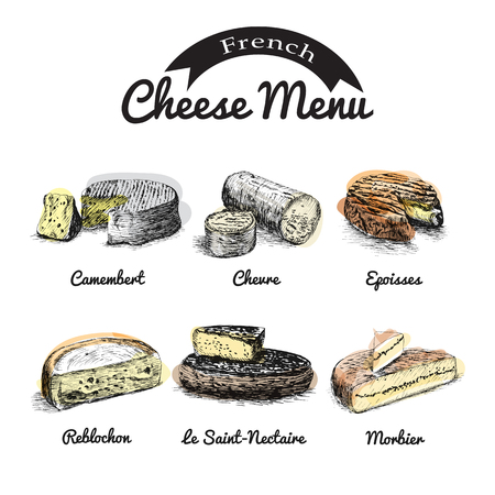 illustrated Set # 1 of French Cheese Menu. Illustrative sorts of cheese from France.のイラスト素材