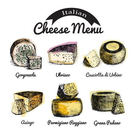 illustrated Set # 1 of Italian Cheese Menu. Illustrative sorts of cheese from Italyのイラスト素材