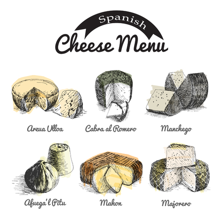 illustrated Set # 2 of Spanish Cheese Menu. Illustrative sorts of cheese from Spainのイラスト素材