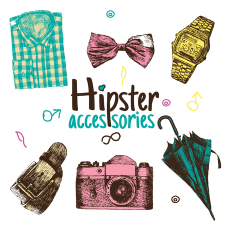 Hipster colorful accessories in retro style on white backgroundのイラスト素材