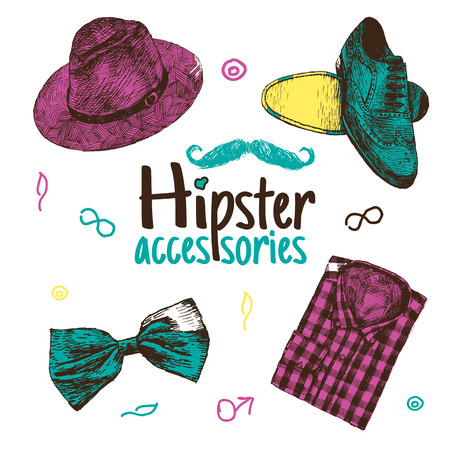 Hipster colorful accessories in retro style on white backgroundのイラスト素材