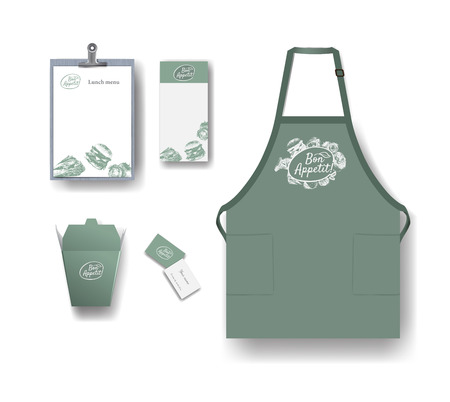 restaurant cafe set: package, menu, business card and apron. Layout set of corporate identity. Mock up template.のイラスト素材