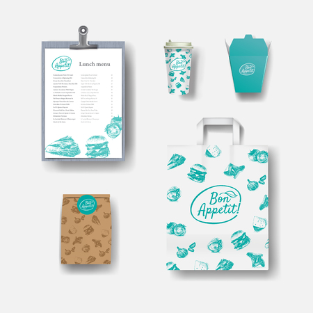 restaurant cafe set: paper coffee cups, menu, package, paper bag. Layout set of corporate identity. Mock up template.のイラスト素材