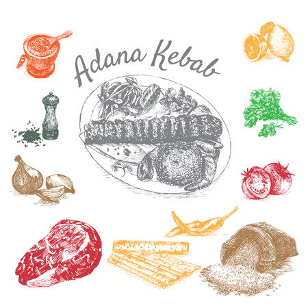 illustration of adana kebab ingredients. Hand drawn colorful illustration on white backgroundのイラスト素材