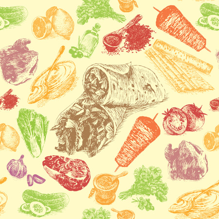 illustration of shawarma ingredients with beef in seamless background. Hand drawn colorful illustration on white backgroundのイラスト素材