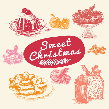 Vector colorful illustration of Christmas desserts and fruit. Christmas different desserts on beige backgroundのイラスト素材