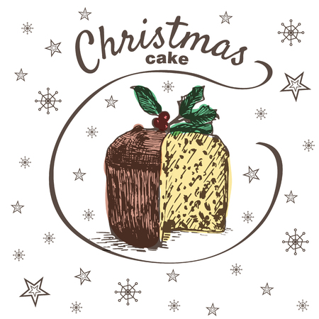 Vector colorful illustration of Christmas cake with raisins and holly leaves and berry. Christmas cake on white background with snowflakesのイラスト素材