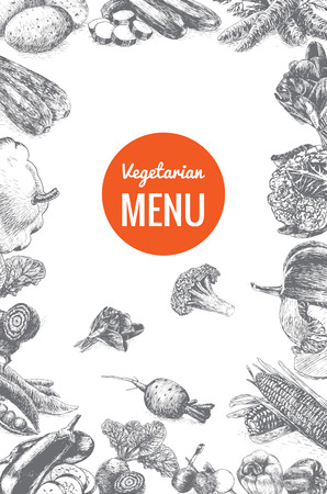 Vector illustration black and white frame with vegetables menu. Different vegetables on white backgroundのイラスト素材