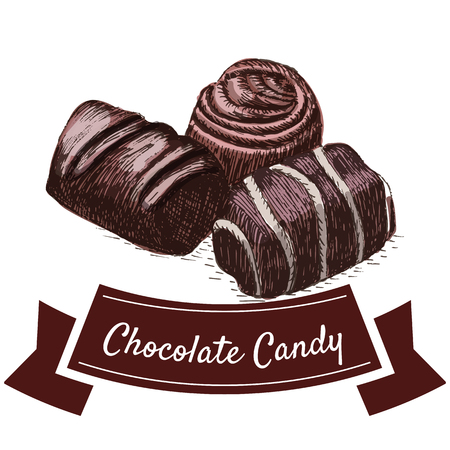 Vector illustration colorful set with chocolate candy. Illustration various of chocolate candy products on white backgroundのイラスト素材