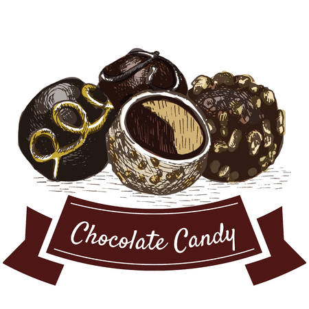 Vector illustration colorful set with chocolate candy. Illustration various of chocolate candy products on white backgroundのイラスト素材