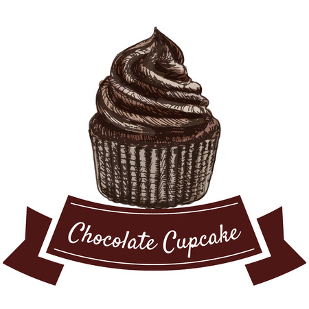 Vector illustration colorful set with chocolate cupcake. Illustration various of bakery products on white backgroundのイラスト素材