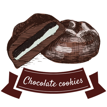 Vector illustration colorful set with chocolate cookies. Illustration various of bakery products on white backgroundのイラスト素材